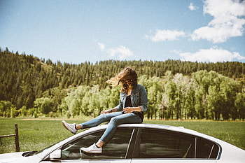 Girl on car, forest, travel HD wallpaper