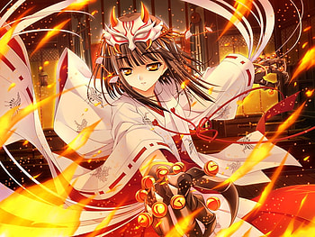 Saginomiya Sunao, kimono, mask, anime, short hair, girl, fire HD wallpaper