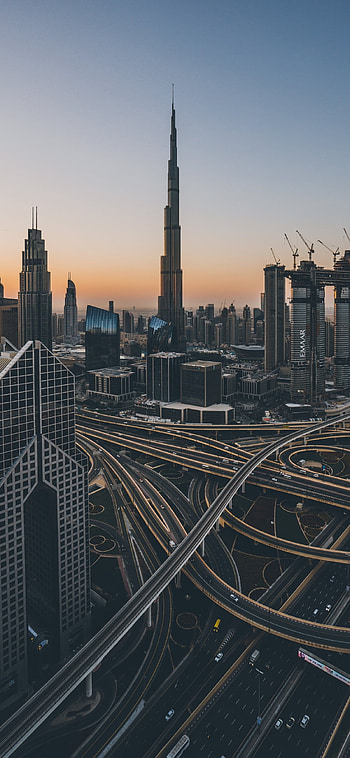 Dubai Skyline, Travels, Cityscape sunrise, Road bridge HD phone wallpaper
