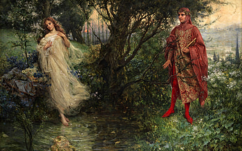 Dante and Beatrice by Salvatore Postiglione, dante, couple, girl, salvatore postiglione, art, man, garden, painting, red, beatrice, pictura HD wallpaper