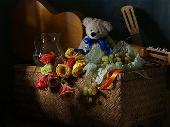 Cute Teddybear, still life, blossoms, grapes, guitar, flowers HD wallpaper