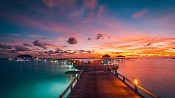 Maldives, Sunrise, Republic, Nature, South, Ocean, Island, Sky, Clouds, Vacation, Sunset, Asia, Sea, Water, Colors, Resort, Holiday, Shore, Break, Beach, Indian, Pier HD wallpaper