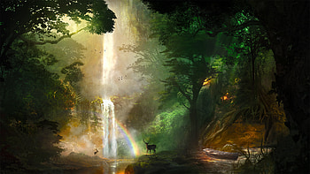 Jungle Deer Boat Forest Landscape Nature Artwork, deer, forest, nature, landscape, rainbow, waterfall, artwork, boat, trees HD wallpaper