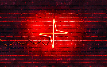 Polestar red logo, , red brickwall, Polestar logo, cars brands, Polestar neon logo, Polestar HD wallpaper