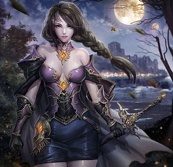 Knight of the Night, night, knight, long hair, lady, abstract, moon, fantasy woman, female, sweet, sword, beautiful, black hair, armor, woman, purple, fantasy, sky HD wallpaper