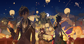 Genshin Impact Legends: Xiao, Hu Tao & Zhongli in Stunning Nightscape, Genshin Impact, Xiao (Genshin Impact), Hu Tao, Zhongli (Genshin Impact) HD wallpaper
