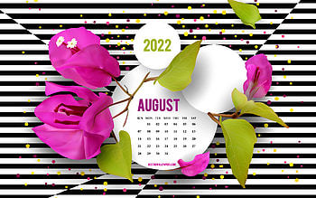 2022 August Calendar, , background with flowers, creative art, August, 2022 summer calendars, black and white striped background, August 2022 Calendar, purple flowers HD wallpaper