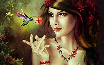 Flowers for the fairy, fairy, red, hummingbird, beautiful, flowers, hair, forest HD wallpaper