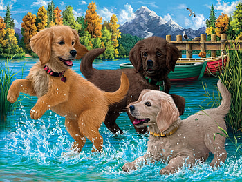 Puppies make a splash, river, sweet, fun, art, puppies, cute, pier, lake, boats, adorable, joy, three, friends, pond, countryside HD wallpaper