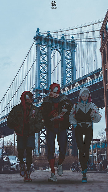 Spider verse, sky, spider gwen, spiderman into the spider verse, marvel, miles morales, brooklyn, gwen stacy, spiderman, new york, dumbo bridge HD phone wallpaper