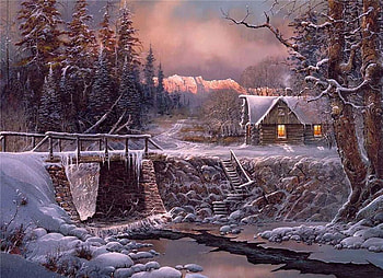 Tucked Away, winter, creek, trees, bridge, rocks, cabin HD wallpaper