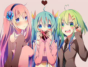 B.F.F, awesome, cute, vocaloid, gumi, long hair, purple eyes, nice, music, cg, short hair, megurine luka, game, female, sweet, blue eyes, hatsune miku, twintail, blue hair, singer, pink hair, beauties, anime girls, anime, pretty, cool, green hair, heart, green eyes HD wallpaper