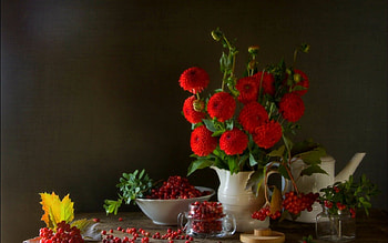 Still life, fruits, flowers, food HD wallpaper