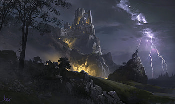 Fantasy, ruin, art, wolf, dark, ling xiang, luminos, lup, storm HD wallpaper