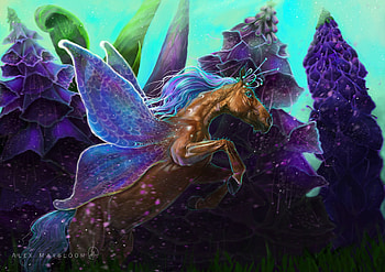 Among the flowers, wings, blue, frumusete, horse, art, purple, fairy, fantasy, alex maybloom, flower, luminos HD wallpaper
