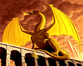 Imperial Gold Dragon, fantasy, dragon, castle, gold, fire HD wallpaper