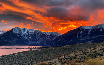 Twin Lakes, Colorado, fiery, sunset, clouds, colors, sky, mountains, usa HD wallpaper