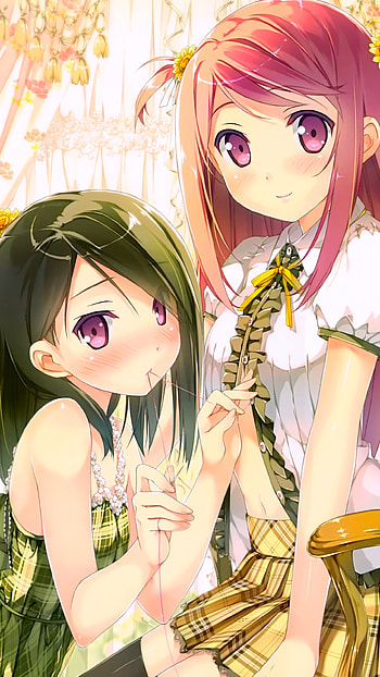 Two girls, pink hair, blush, green hair, orange hair, long hair, Anime, Original HD phone wallpaper