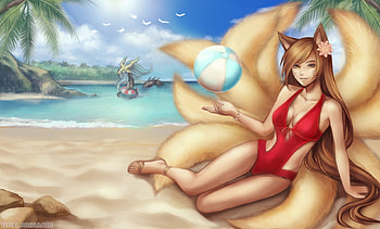 Pool Party, nekomimi, sand, long hair, beauty, nice, beach, mmorpg, scenery, swimsuit, scenic, league of legends, game, female, sexy, sweet, tails, scene, neko mimi, kitsune, hot, ahri, girl, beautiful, anime girl, neko, anime, video game, pretty, rpg, ball, brown hair, lovely HD wallpaper