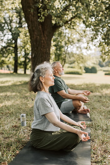 Elderly couple practicing meditation on yoga mats in a sunny park. HD phone wallpaper