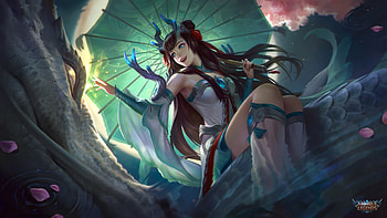 Fantasy girl, blue, umbrella, frumusete, arc noir, parasol, mobile legends, girl, arcnoir, fantasy, green, dragon HD wallpaper