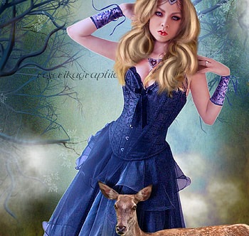~Pretty Girl and Deer~, emotional, plants, gentle, colors, butterflies, animals, trees, adorable, female, sweet, eyes, flying, fantasy, pretty, deer, face, models, hair, lovely, softness, cute, digital art, dress, lady, lips, flutter, wings, beautiful, manipulation, cool, girls, flowers, women HD wallpaper