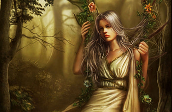 Girl in a swing, artwork, trees, digital, forest HD wallpaper