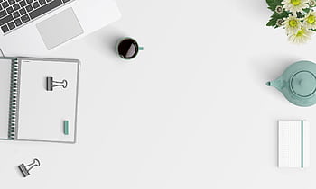 Clean minimalist workspace with a laptop, coffee, flowers, and stationery. HD wallpaper