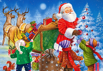 Santa delivers presents, winter, frost, fun, kids, delivery, tree, sleigh, reindeers, presents, Santa, christmas, joy HD wallpaper