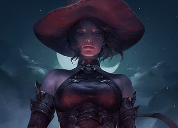 Yael, night, art, girl, astri lohne, witch, halloween, pink, moon, fantasy, luna, luminos, hat HD wallpaper