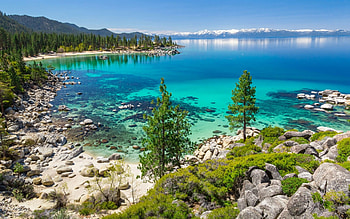 Turquoise water of Lake Tahoe, Mountains, Peaks, Nevada, Snow HD wallpaper
