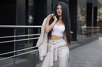 Brunette Model ~ Kristina Romanova, outdoors, model, pants, brunette HD wallpaper