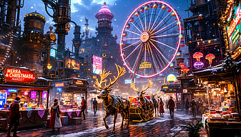 Christmas Market Wonderland: A Stunning Experience, christmas market, futuristic city, ferris wheel, reindeer, neon lights HD wallpaper
