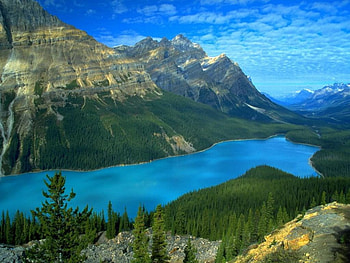 lake peyto, clouds, trees, mountains, lake HD wallpaper
