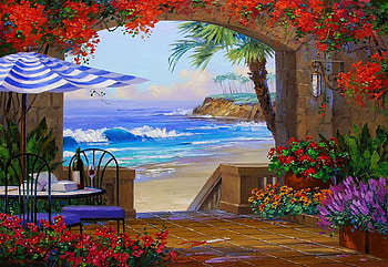 Essence of romance , artwork, umbrella, chairs, sea, table, waves, flowers, beach, painting HD wallpaper