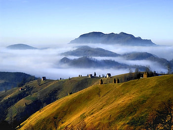Peace, side, fields, fog, mountain HD wallpaper