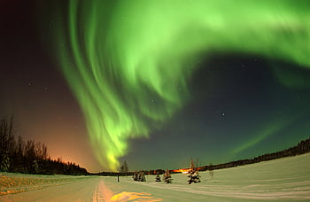 Vibrant green aurora borealis lighting up the snowy winter night sky in a remote wilderness. HD wallpaper