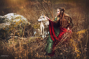 Elf girl and the Wolf, model, marketa novak, girl, elf, lup, wolf, woman HD wallpaper