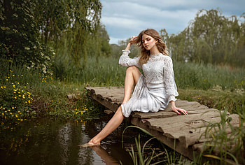 Blonde Girl White Dress Sitting At Pond, blonde, girls, model HD wallpaper