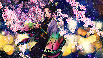 Purple Eyes Shinobu Kochou Pink Blossom Flowers Tree Branches Demon Slayer Kimetsu no Yaiba HD wallpaper