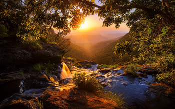 Toolona Creek, evening, sunset, waterfall, Morans Falls, valley, Queensland, Australia, Lamington National Park HD wallpaper