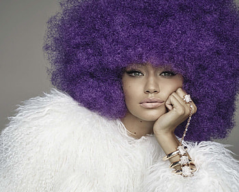 Gigi Hadid, white, model, girl, hand, woman, fur, jewel, purple, face, hair, curl HD wallpaper