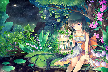 Anime - Girl Anime Purple Eyes Spring Pond Flower Tree Birdcage Night Moon HD wallpaper