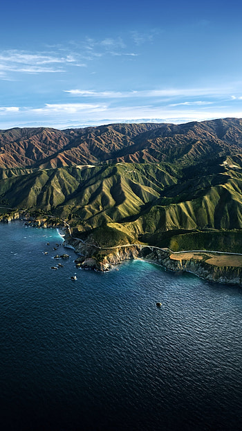 Big Sur's wonder, Mountains bathed in daylight, Blue sky beauty, Mac OS stock HD phone wallpaper