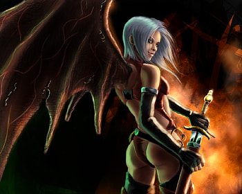 Sucubus, sexy, wings, sword, flame, dark, blade, darkness, anime, fire HD wallpaper