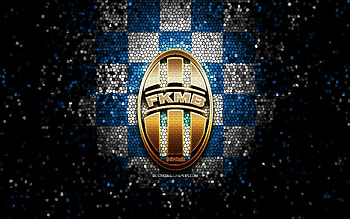 FK Mlada Boleslav, glitter logo, Czech First League, blue white checkered background, soccer, Czech football club, Mlada Boleslav logo, mosaic art, football, Mlada Boleslav FC HD wallpaper