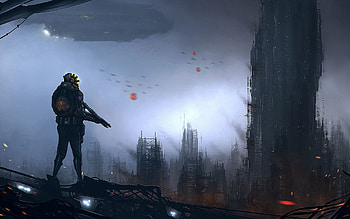 Fantasy, Weapon, City, Skyscrapers, Human, Person, Ship HD wallpaper