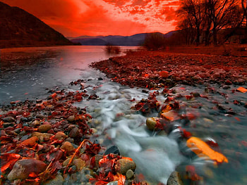 Mountain river, river, beautiful, stones, mountain, reflection, red, clouds, trees, nature, sky, water, evening, stream HD wallpaper