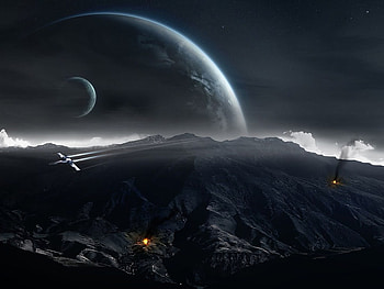 Universe_and_planets, planets, universe, forces, dark, jet, moon, plane, nature, fire HD wallpaper