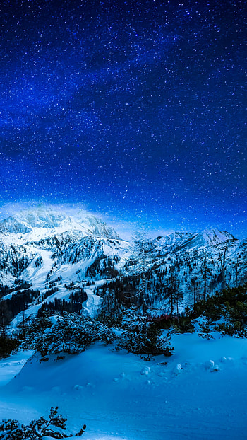 blue, landscape, mountain, starry sky, star, sky, snow, winter, nature, night, winter night, Snowy Mountain, night snow HD phone wallpaper